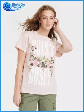 Small - Womens Guns N Roses Floral Short Sleeve Graphic T-Shirt - Blush Pink